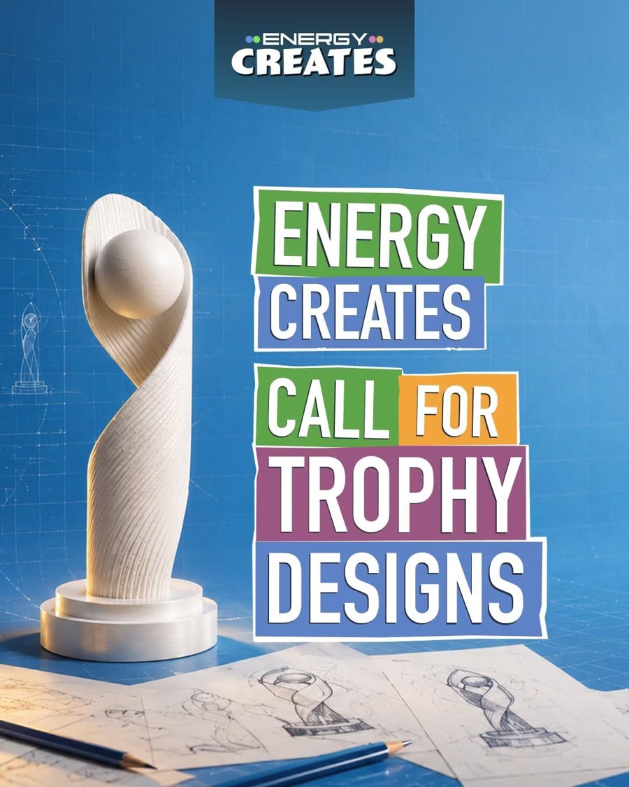 Energy Creates call for trophy designs, featuring a sculpted award statue.